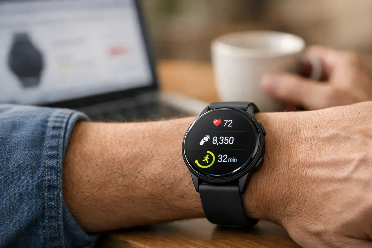 Smartwatch rotondo nero al polso con schermo fitness che mostra battito, passi e minuti di attività su una scrivania