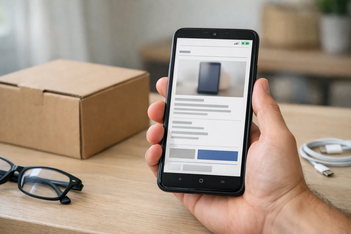 Mano che tiene uno smartphone con pagina prodotto sullo schermo, accanto a scatola di spedizione, occhiali e cavo USB