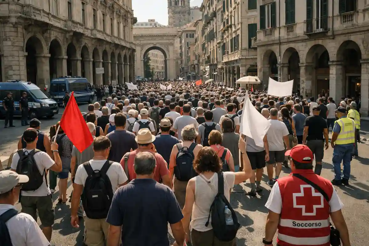 Corteo affollato in una via del centro con portici, bandiere e mezzi della polizia sullo sfondo