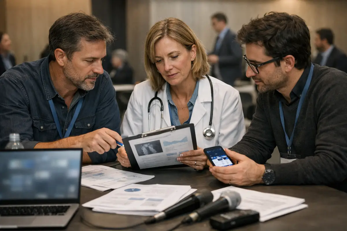 Tre professionisti a un tavolo consultano un report su clipboard, con smartphone, laptop e microfoni in sala conferenze