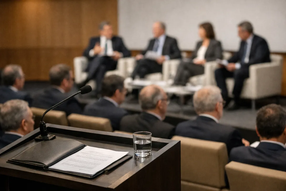 Microfono e documenti su un podio, con pubblico e relatori in giacca e cravatta sfocati in auditorium
