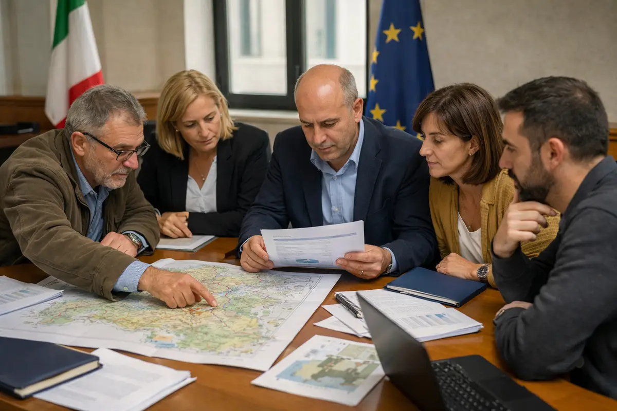 Amministratori riuniti attorno a un tavolo con mappe e documenti, con bandiere italiana e UE sullo sfondo