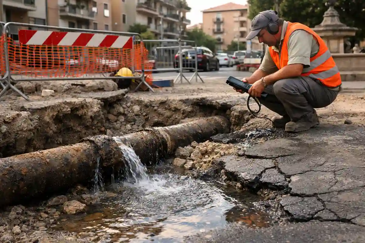 Tecnico comunale ispeziona una perdita d’acqua da una tubatura corrosa in uno scavo stradale