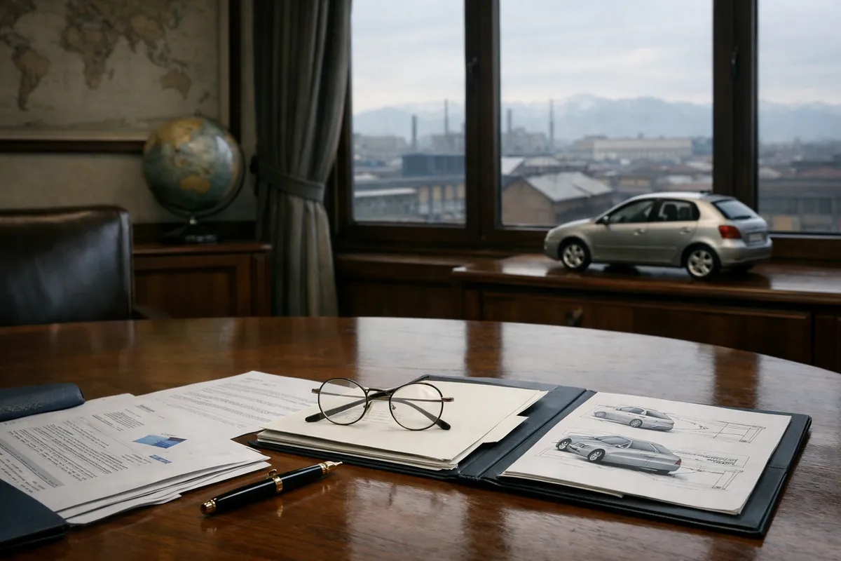 Tavolo da riunione con documenti, occhiali e penna, vista su città industriale e modellino d’auto in ufficio