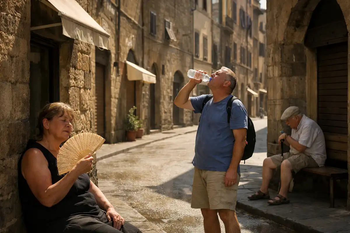 Persone cercano sollievo dal caldo in una strada di pietra: donna si sventola, uomo beve acqua, anziano seduto