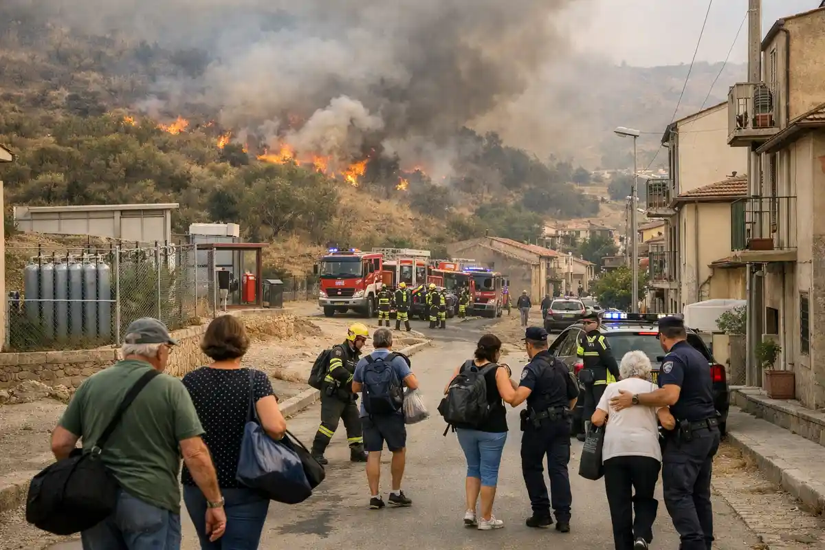 Residenti evacuati con borse mentre vigili del fuoco e polizia operano, con incendio e fumo su una collina