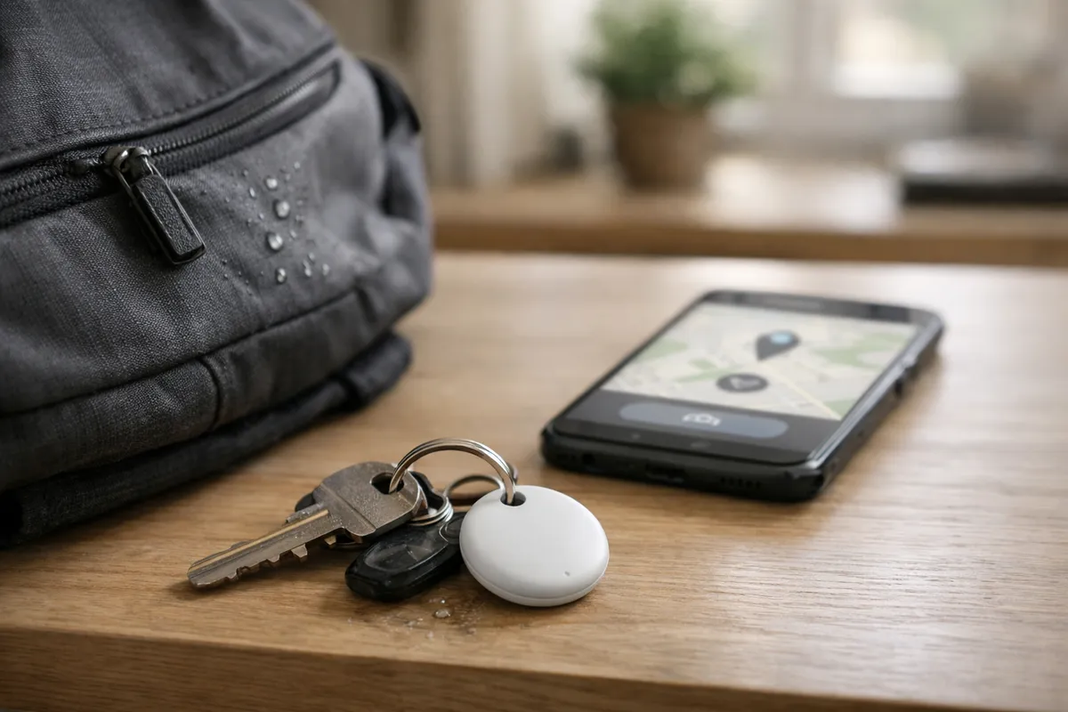 Mazzo di chiavi con tracker Bluetooth bianco su un tavolo, vicino a smartphone con mappa e zaino bagnato