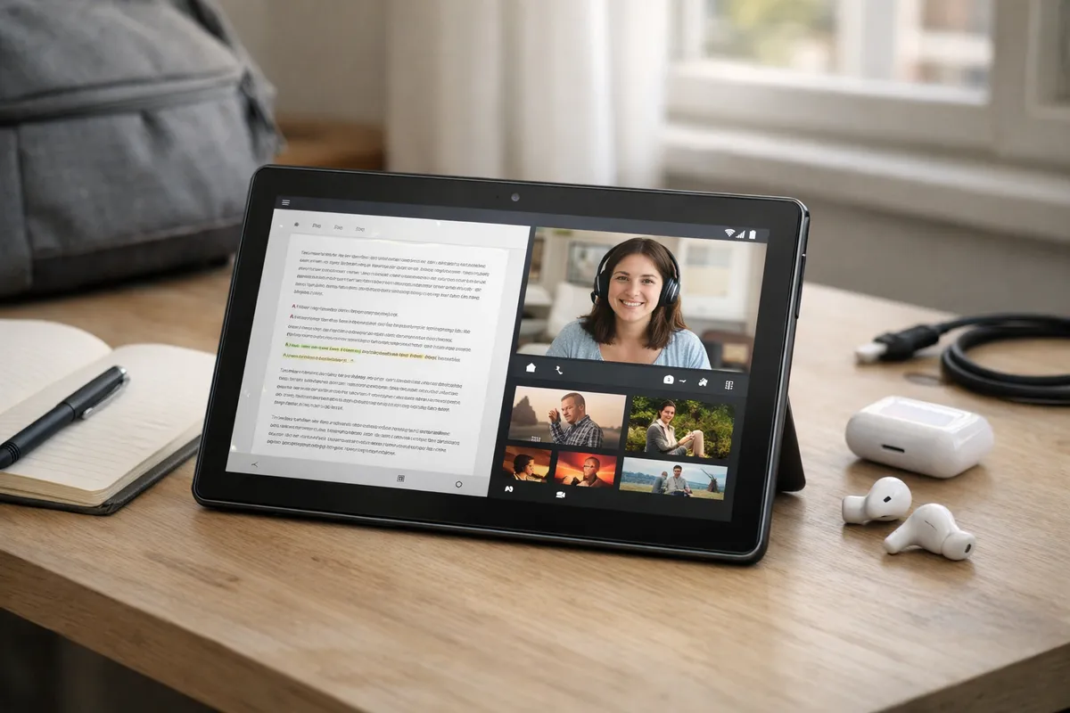 Tablet Android su una scrivania con app aperte, quaderno e penna, auricolari wireless e cavo USB sullo sfondo