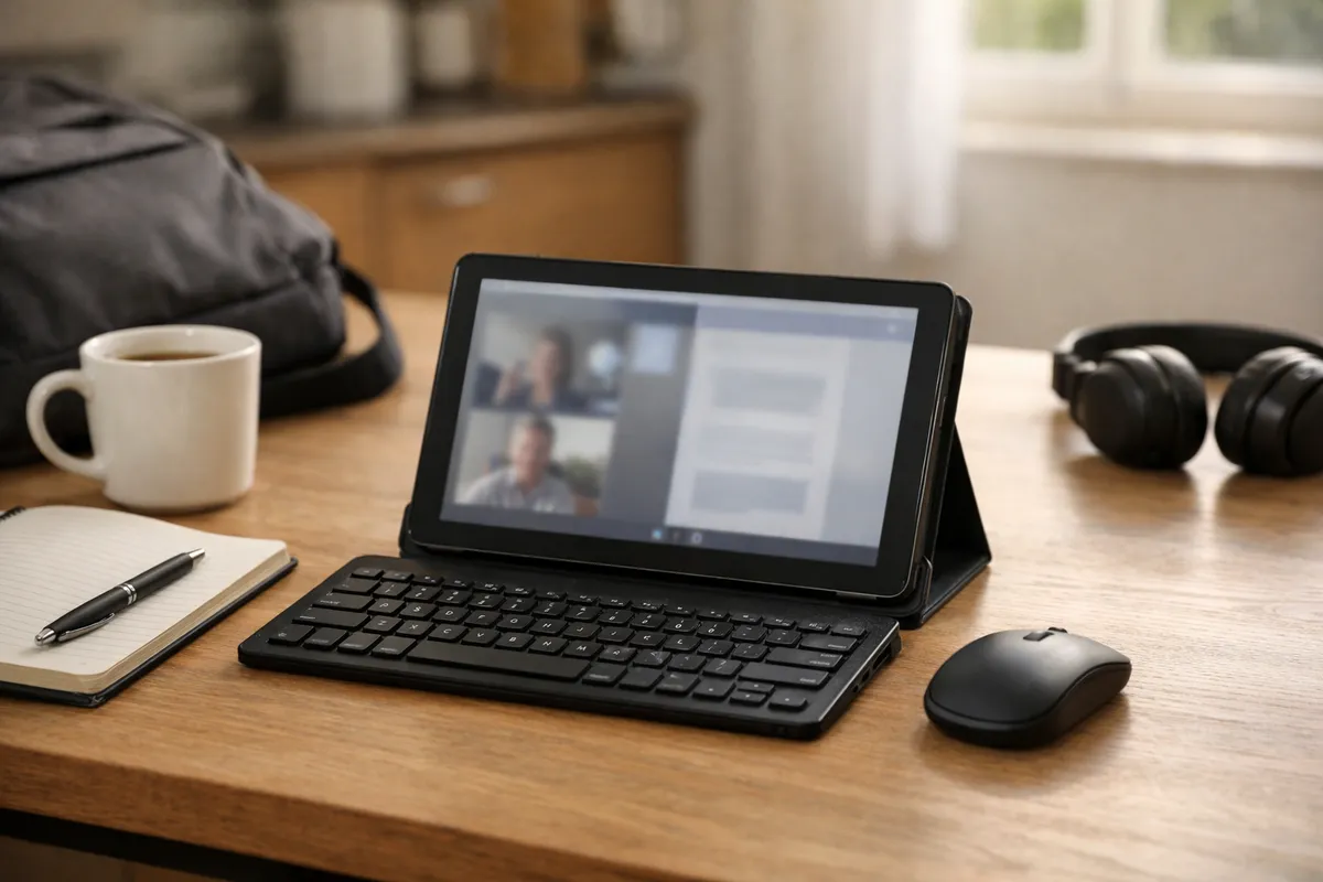 Tablet in custodia su tavolo con tastiera e mouse, accanto a tazza di caffè, quaderno e cuffie