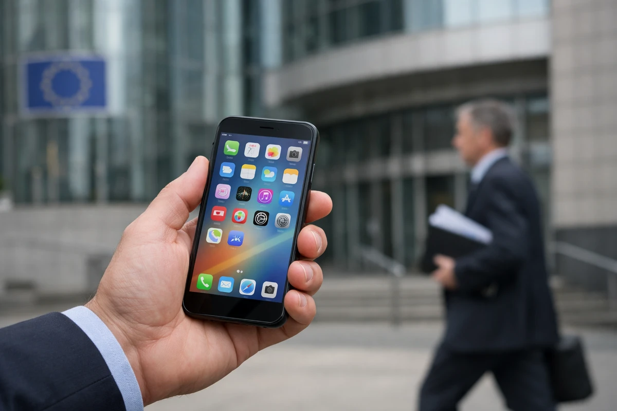 Mano che tiene uno smartphone con schermata di app davanti a un edificio istituzionale europeo, con uomo in giacca sullo