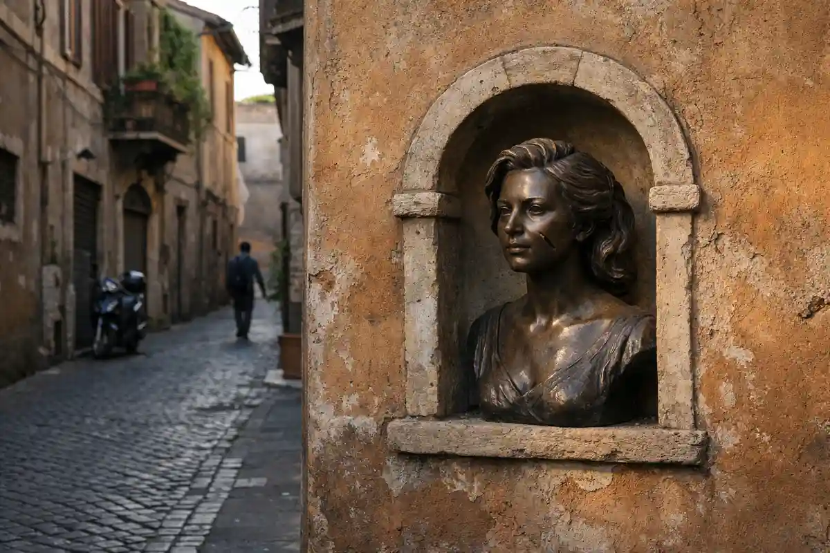 Busto in bronzo in una nicchia su muro ocra, con graffio sul volto, in una via acciottolata con scooter sullo sfondo