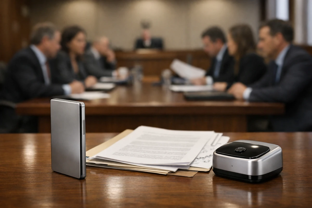 Due dispositivi tecnologici senza logo e documenti legali su un tavolo in aula di tribunale, con avvocati sfocati sullo