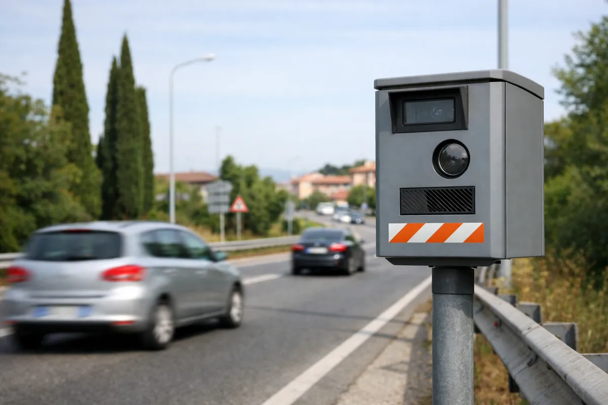 Autovelox su palo a bordo strada con auto in transito sfocate su una strada suburbana
