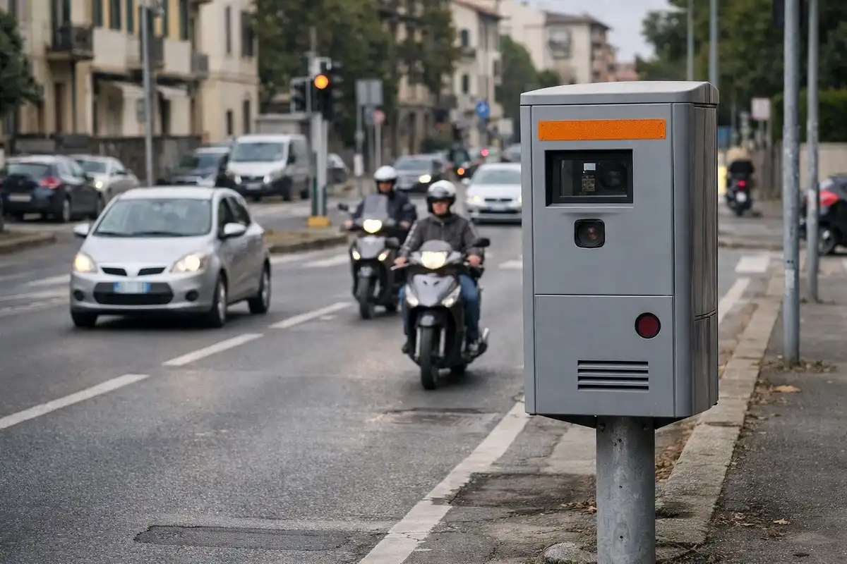Autovelox a bordo strada con auto e scooter in transito su una via urbana