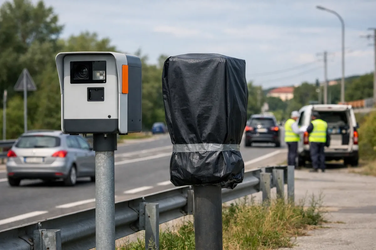 Due autovelox a bordo strada, uno attivo e uno coperto con telo nero, con auto in transito e addetti sullo sfondo