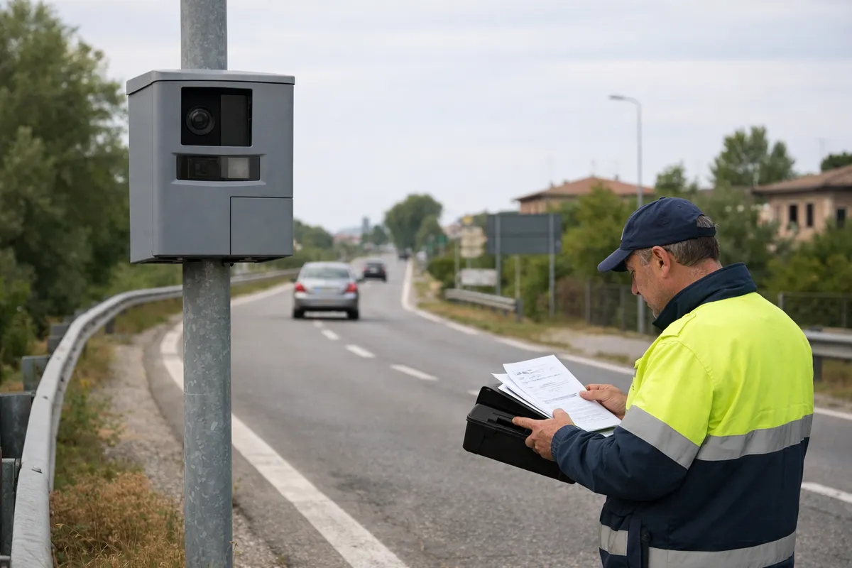 Autovelox su un palo a bordo strada mentre un tecnico con giubbotto alta visibilità controlla dei documenti