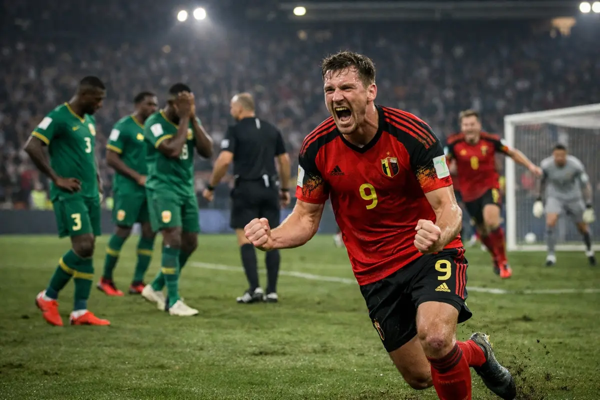 Calciatore del Belgio in maglia rossa esulta vicino all’area, mentre giocatori del Senegal in verde sono delusi sullo sfondo