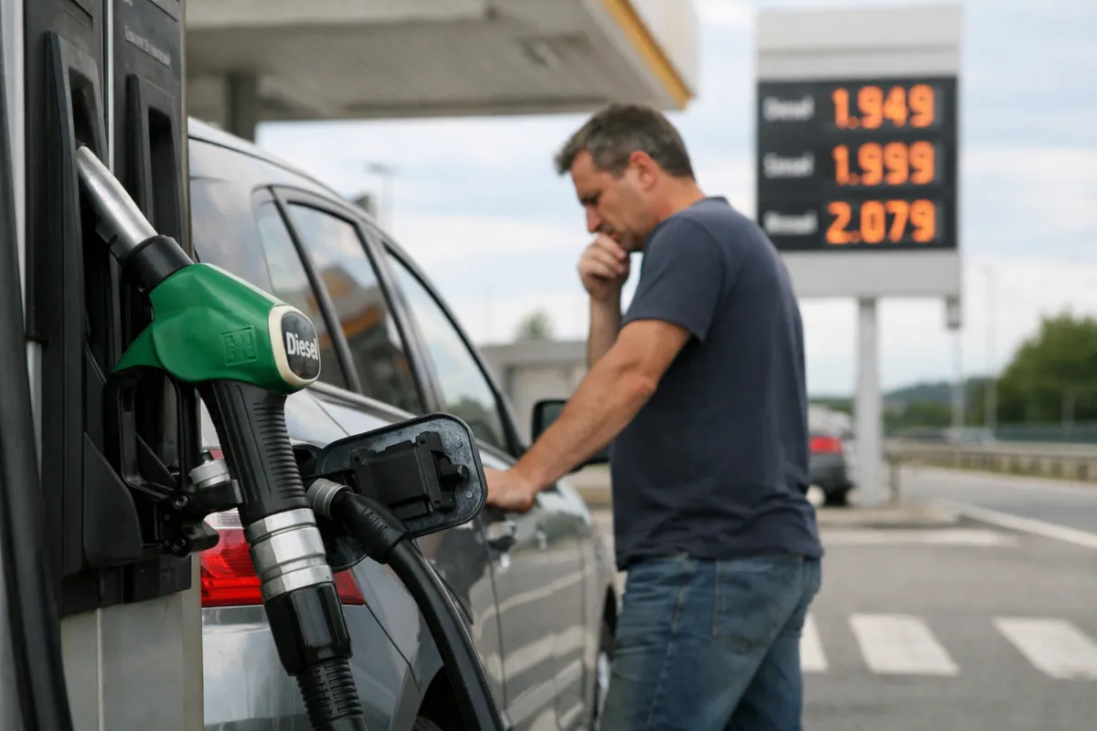 Pistola del diesel in primo piano mentre un uomo fa rifornimento a un’auto con tabellone prezzi sullo sfondo