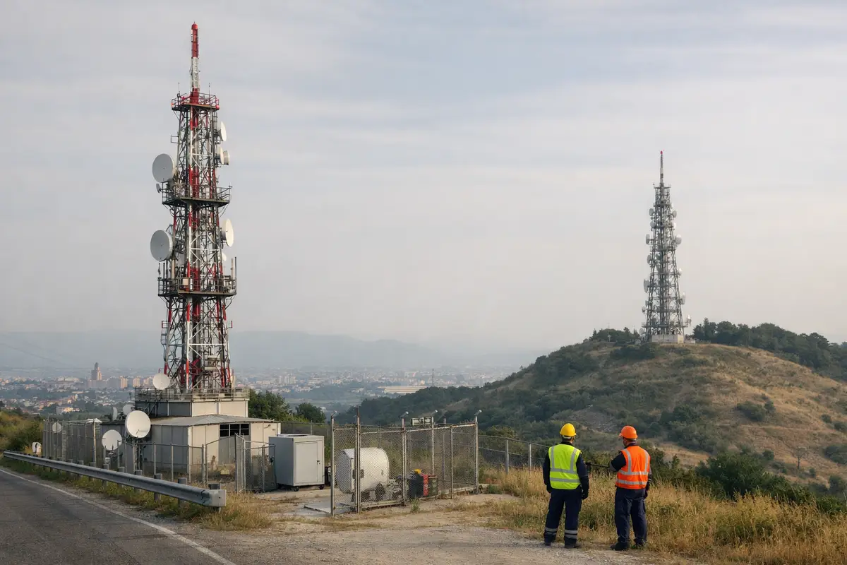 Due torri di trasmissione su colline con tecnici in giubbotti alta visibilità e città sullo sfondo