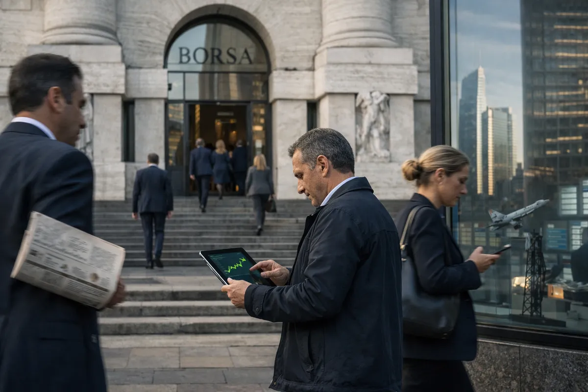 Professionisti davanti all’ingresso della Borsa, uno consulta un tablet con grafico verde in salita