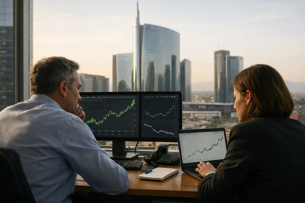 Due professionisti in ufficio osservano grafici in rialzo su monitor e laptop con lo skyline di Milano sullo sfondo