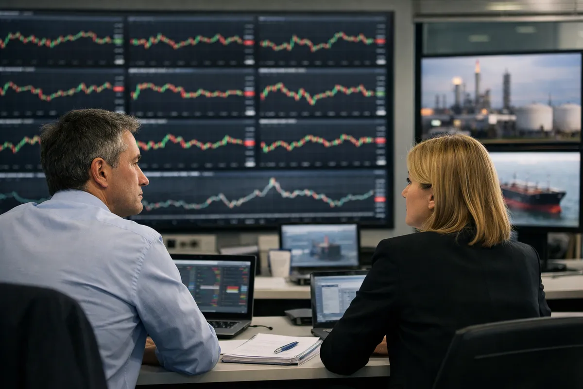Due professionisti osservano schermi con grafici di Borsa e monitor con raffineria e petroliera in una sala trading