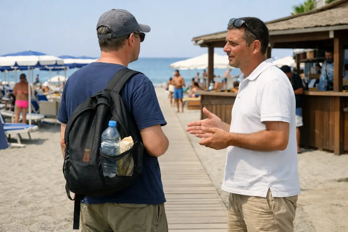 Bagnante con zaino e bottiglia d’acqua parla con un addetto all’ingresso di uno stabilimento balneare