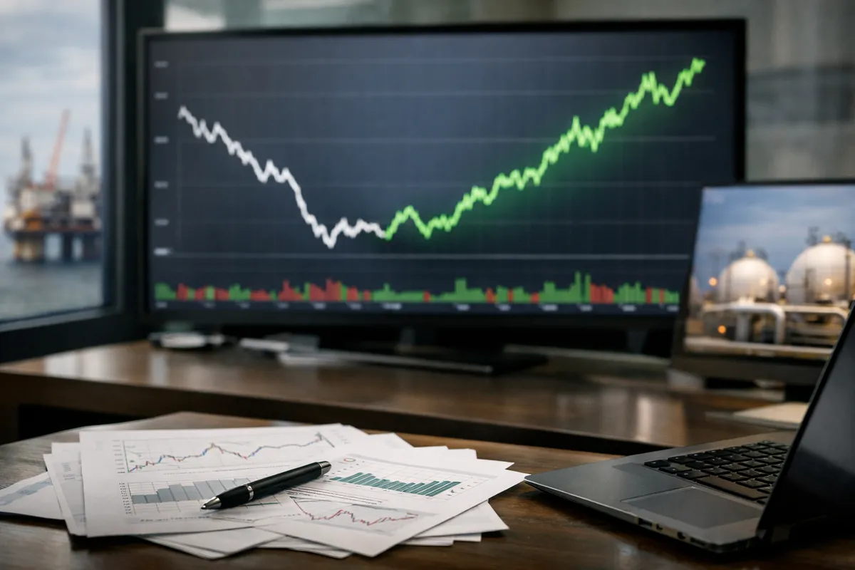 Schermo con grafico di mercato in rialzo, con scrivania da trading, report stampati, penna e laptop