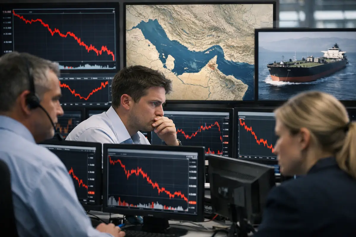 Analisti in sala trading davanti a monitor con grafici in calo, mappa del Golfo Persico e una petroliera