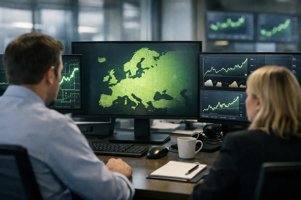 Due analisti davanti a monitor con mappa dell’Europa e grafici finanziari in verde in una sala trading