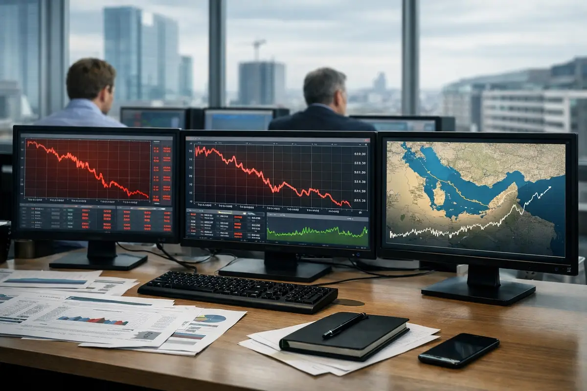 Monitor di trading con grafici in rosso in calo e mappa del Golfo Persico su una scrivania in ufficio