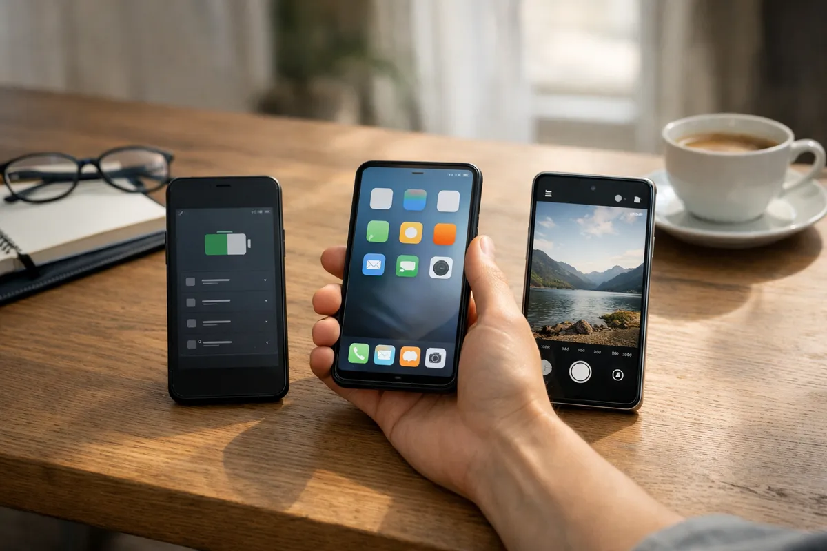 Tre smartphone su un tavolo in legno, uno con schermata batteria, uno in mano con icone e uno con fotocamera aperta