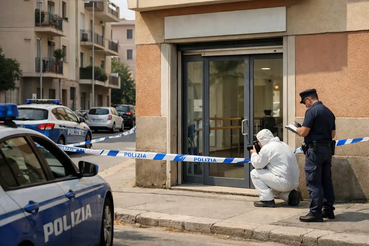 Nastro della polizia davanti all’ingresso di una scuola con porta in vetro, agenti e rilievi sulla scena