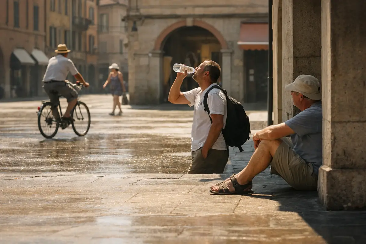 Uomo beve acqua in una piazza assolata, mentre un altro riposa all’ombra sotto un portico; ciclista sullo sfondo