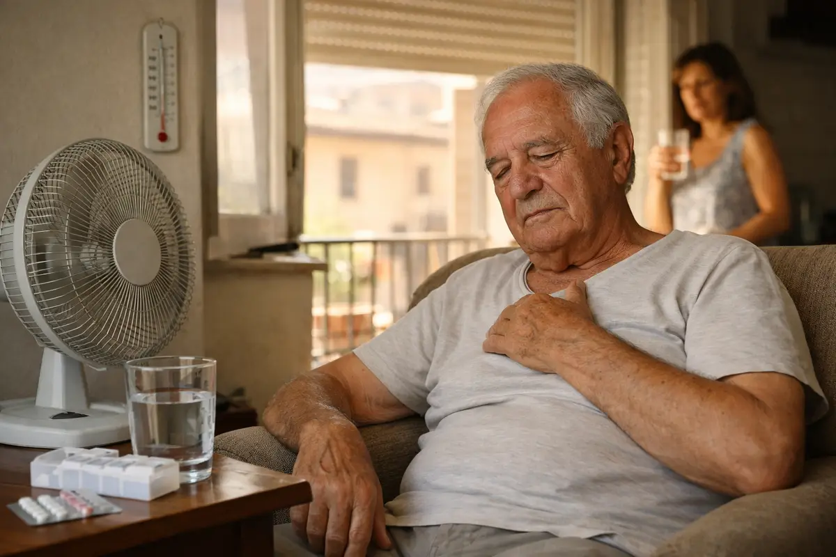 Anziano seduto sul divano con mano sul petto, ventilatore e bicchiere d’acqua vicino alla finestra in una giornata calda