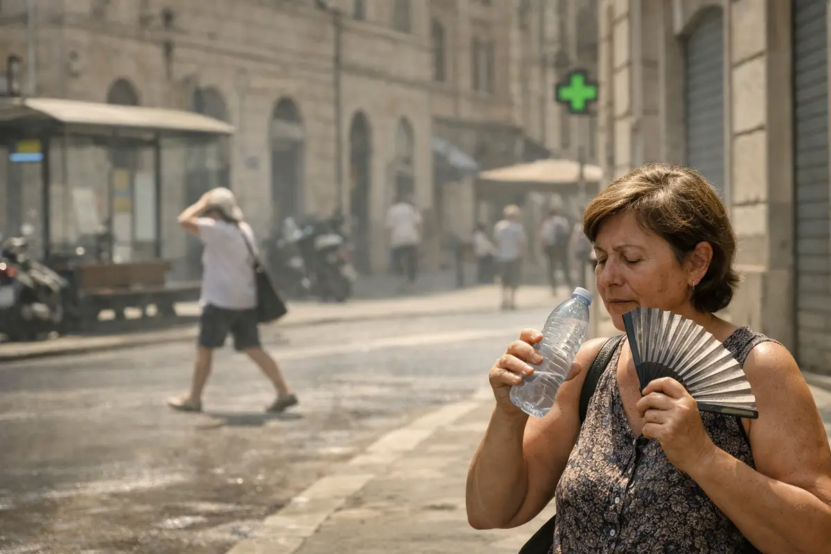 Donna con bottiglia d’acqua e ventaglio in una strada cittadina avvolta dalla foschia del caldo