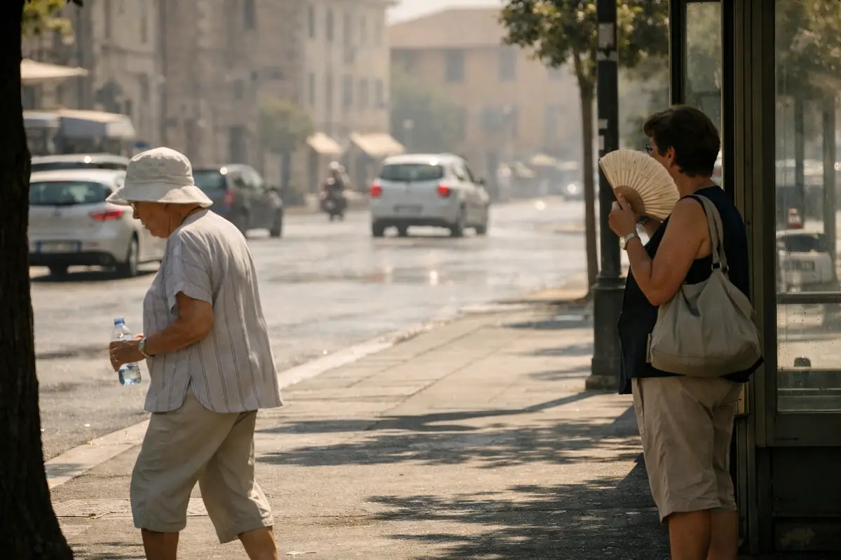 Anziano con cappello e bottiglietta d’acqua cammina in una strada assolata mentre una donna si sventola alla fermata bus