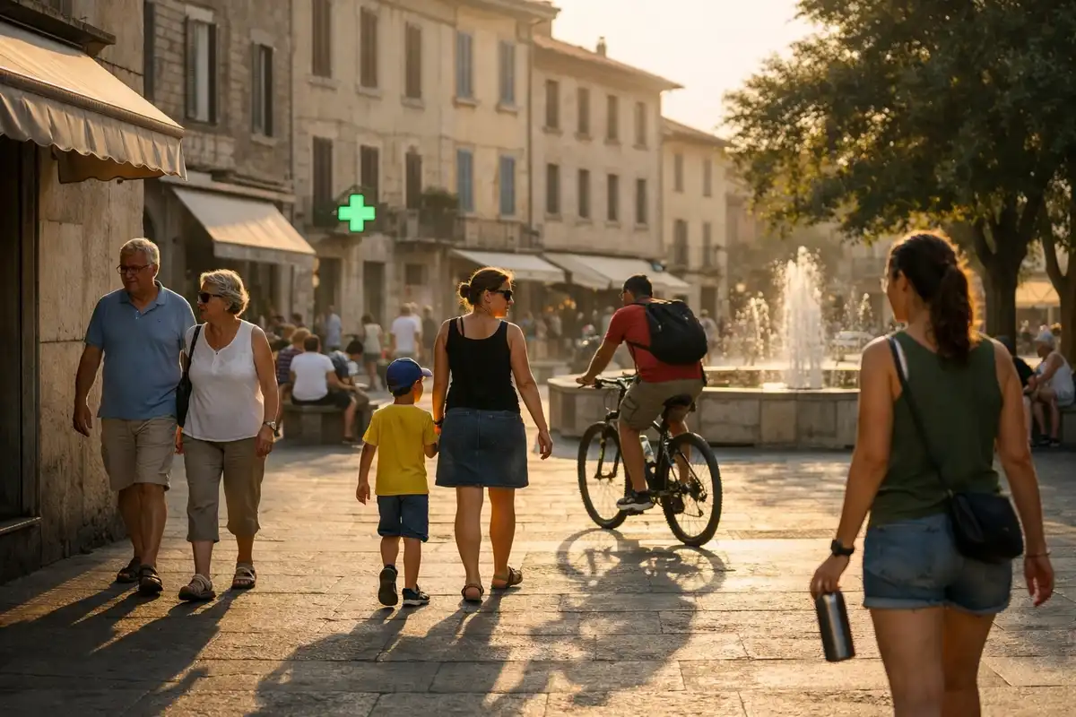 Persone in una piazza italiana al tramonto, con fontana e ciclista, in un clima estivo più sopportabile