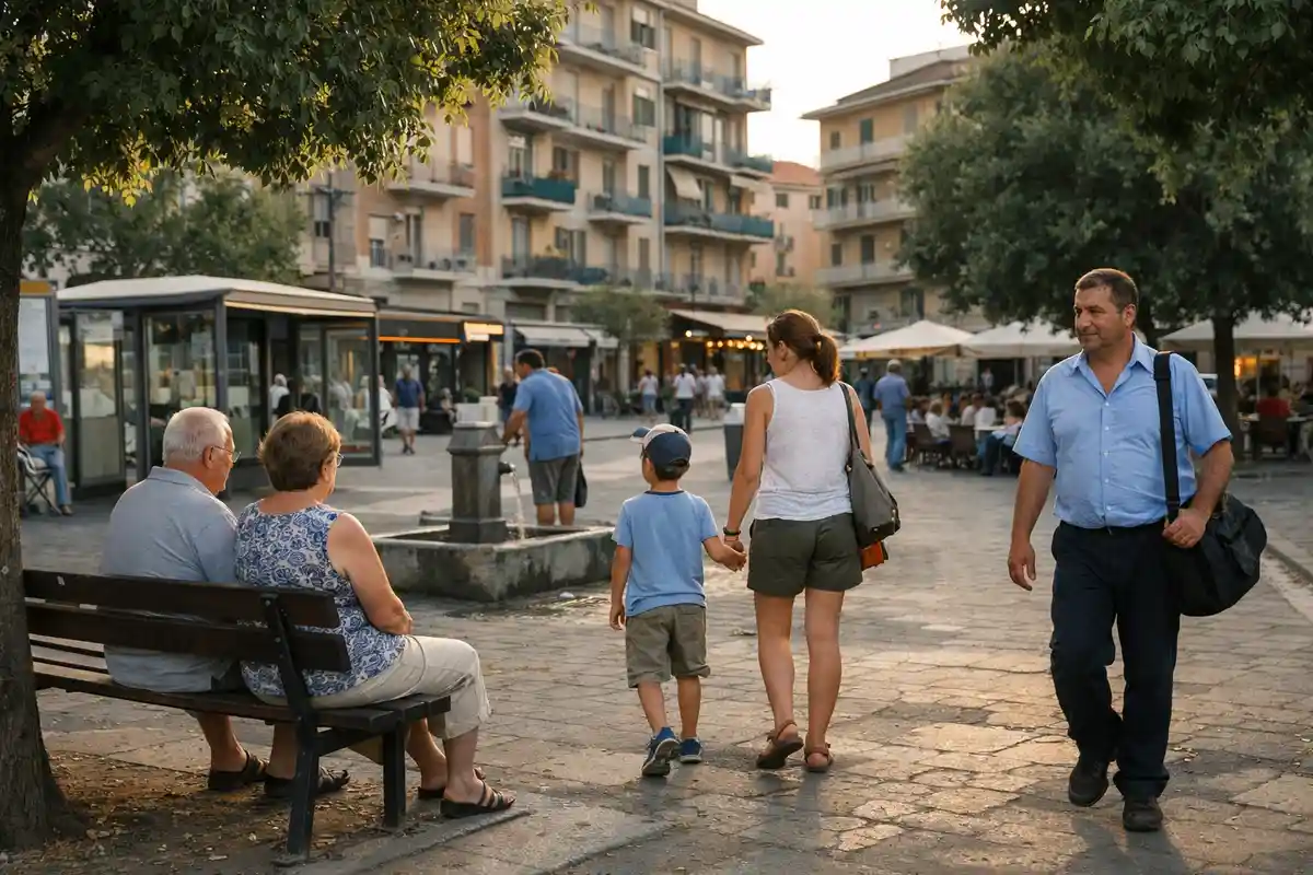 Persone in una piazza italiana al tramonto, con panchina all’ombra e fontanella, in atmosfera estiva più mite
