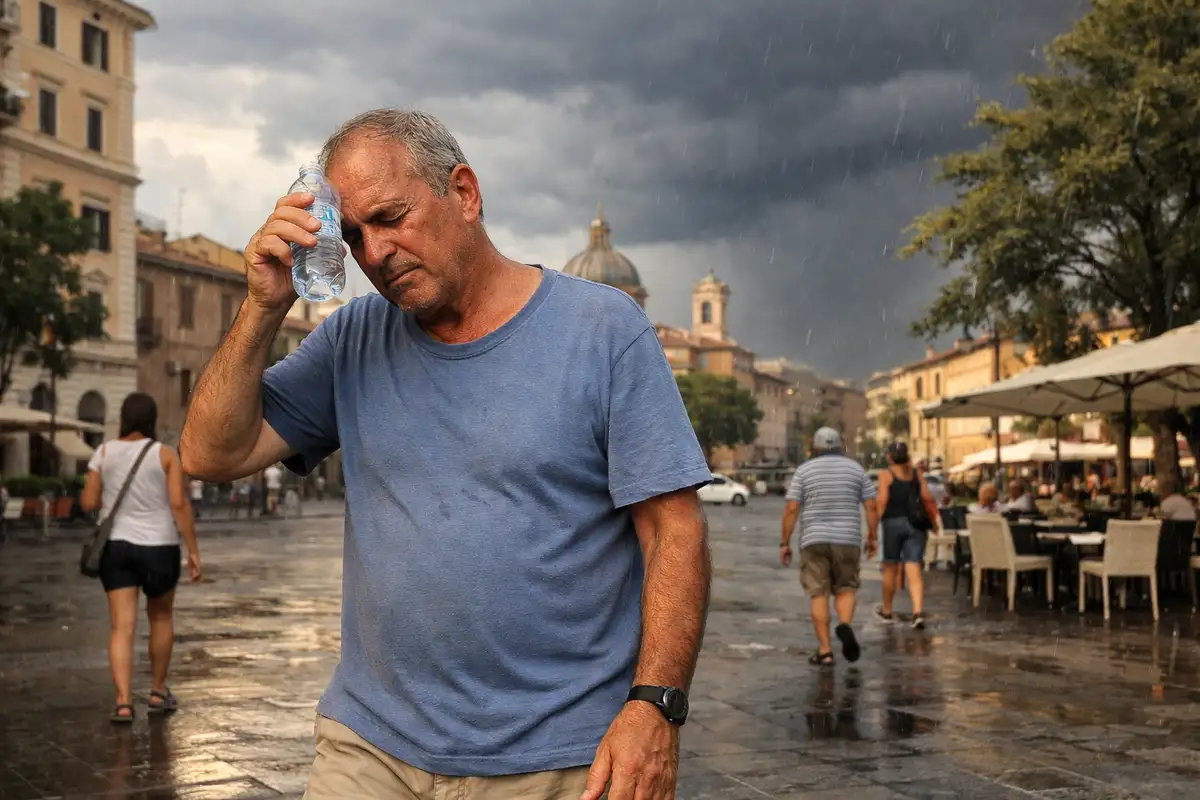 Uomo accaldato si rinfresca con una bottiglia d’acqua in piazza mentre arriva un temporale