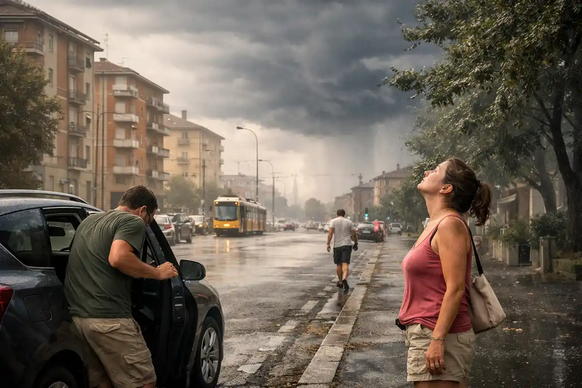 Strada urbana con asfalto bagnato, nuvoloni scuri e pioggia in arrivo; persone e auto, un tram sullo sfondo