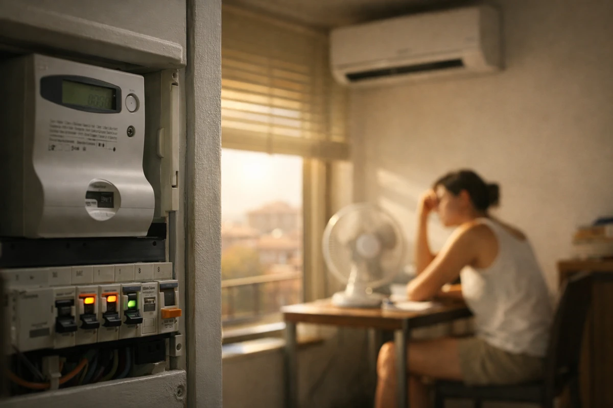 Contatore e quadro elettrico in primo piano, con condizionatore acceso e persona al caldo vicino a una finestra