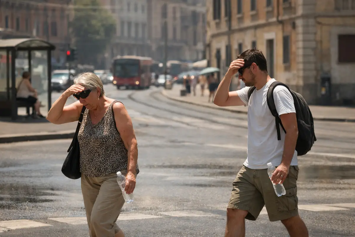 Due pedoni con bottiglie d’acqua si riparano dal sole attraversando una strada cittadina con binari del tram