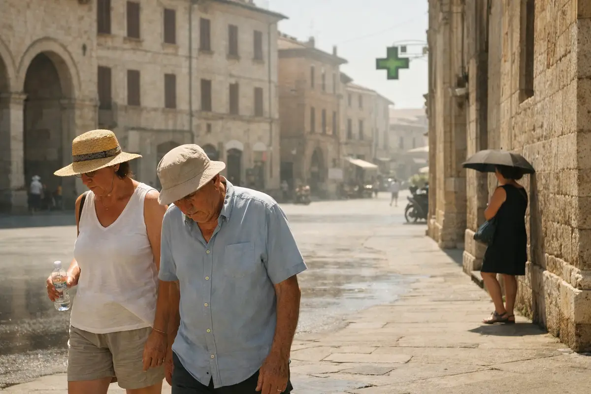 Persone anziane camminano al sole in una piazza italiana con caldo intenso; una donna si ripara con un ombrello vicino a un