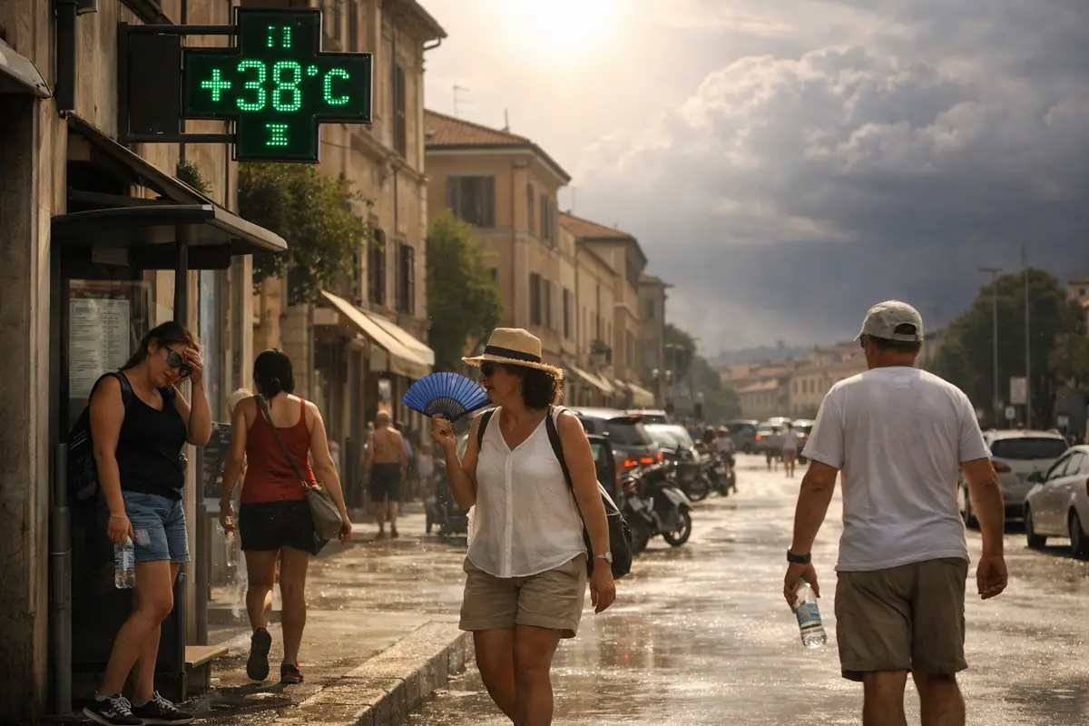 Strada urbana sotto il sole con display digitale a +38°C, persone accaldate con acqua e ventaglio e nuvole scure in arrivo
