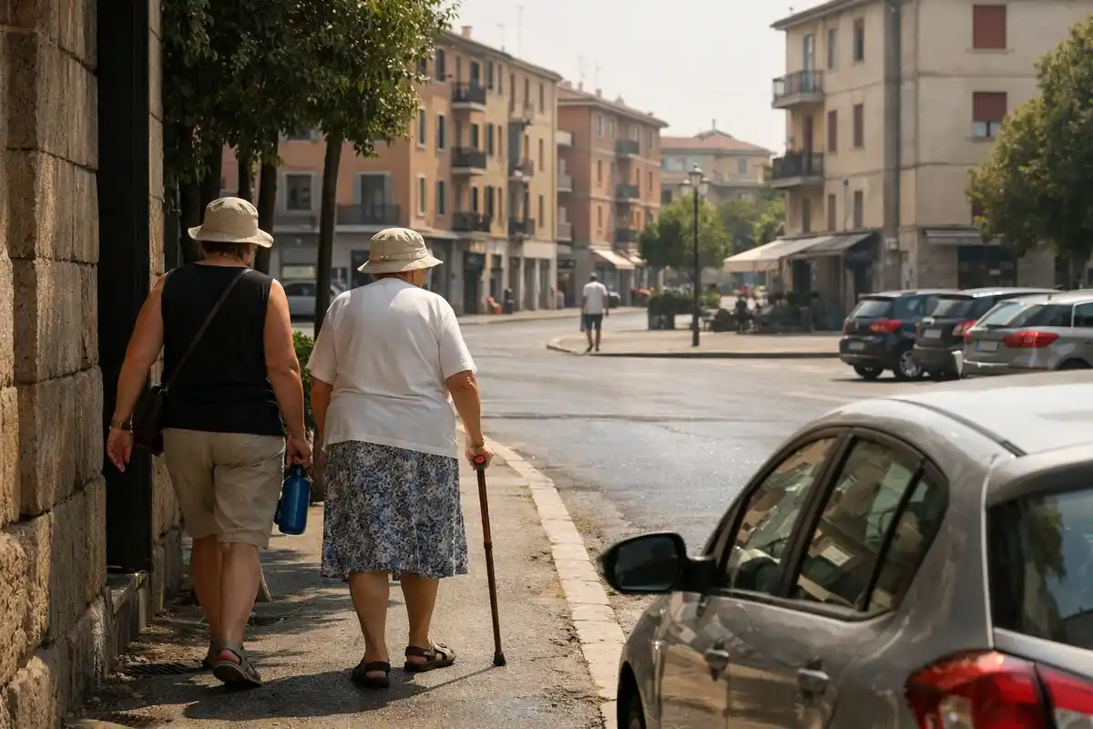Due donne con cappelli camminano lentamente sul marciapiede in una strada cittadina assolata, una con borraccia e l’altra