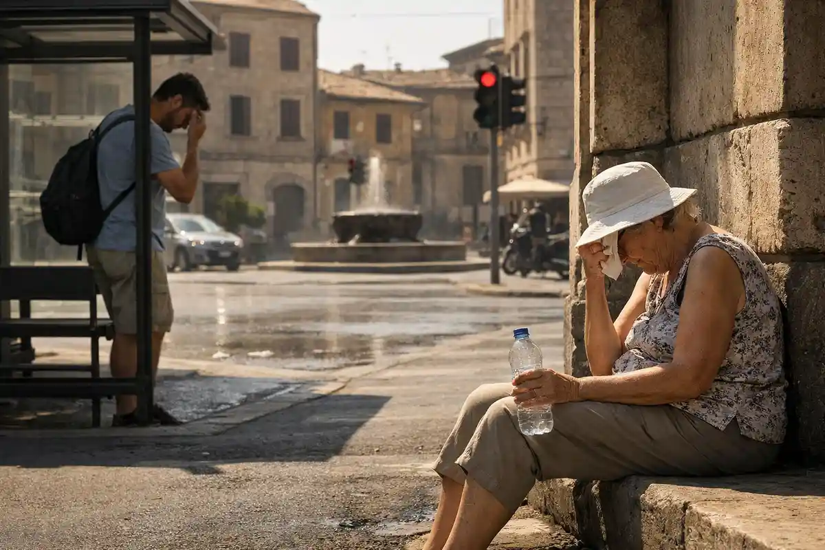 Anziana seduta all’ombra con bottiglia d’acqua si asciuga il sudore in una piazza assolata