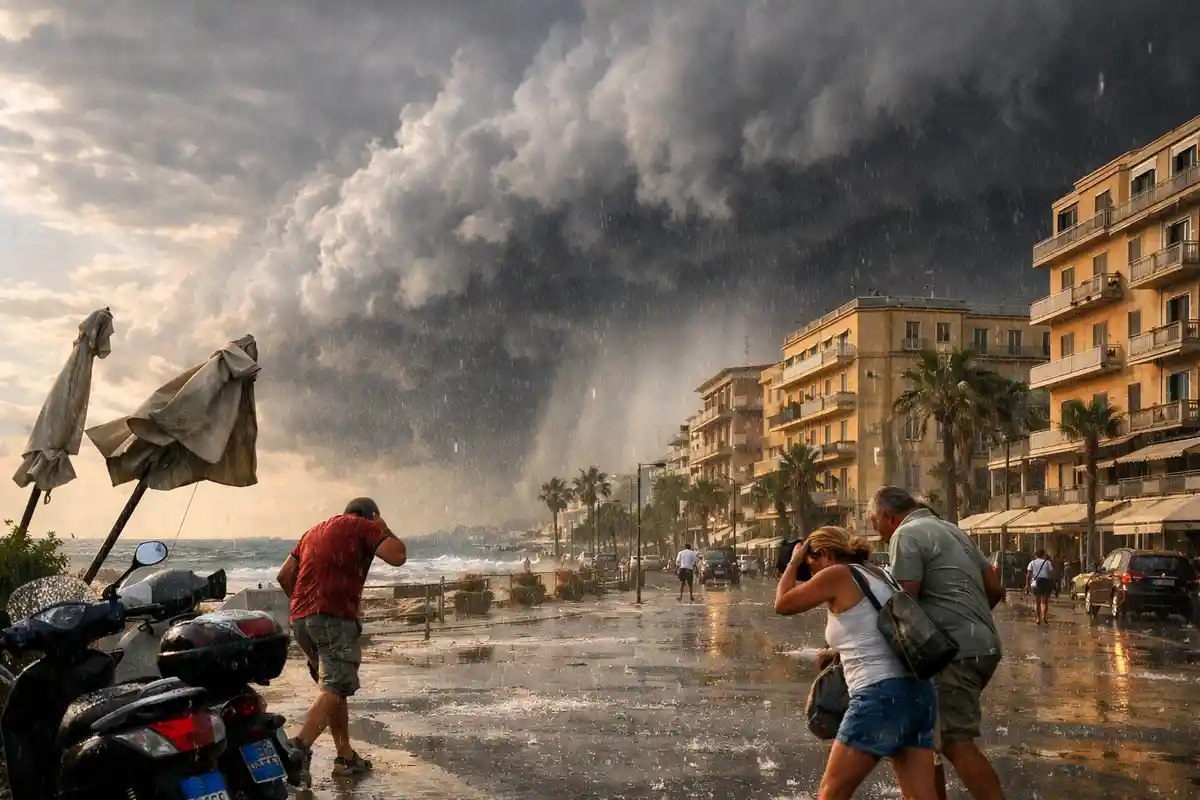 Lungomare sotto un temporale improvviso con nuvole nere, pioggia battente e passanti che si riparano