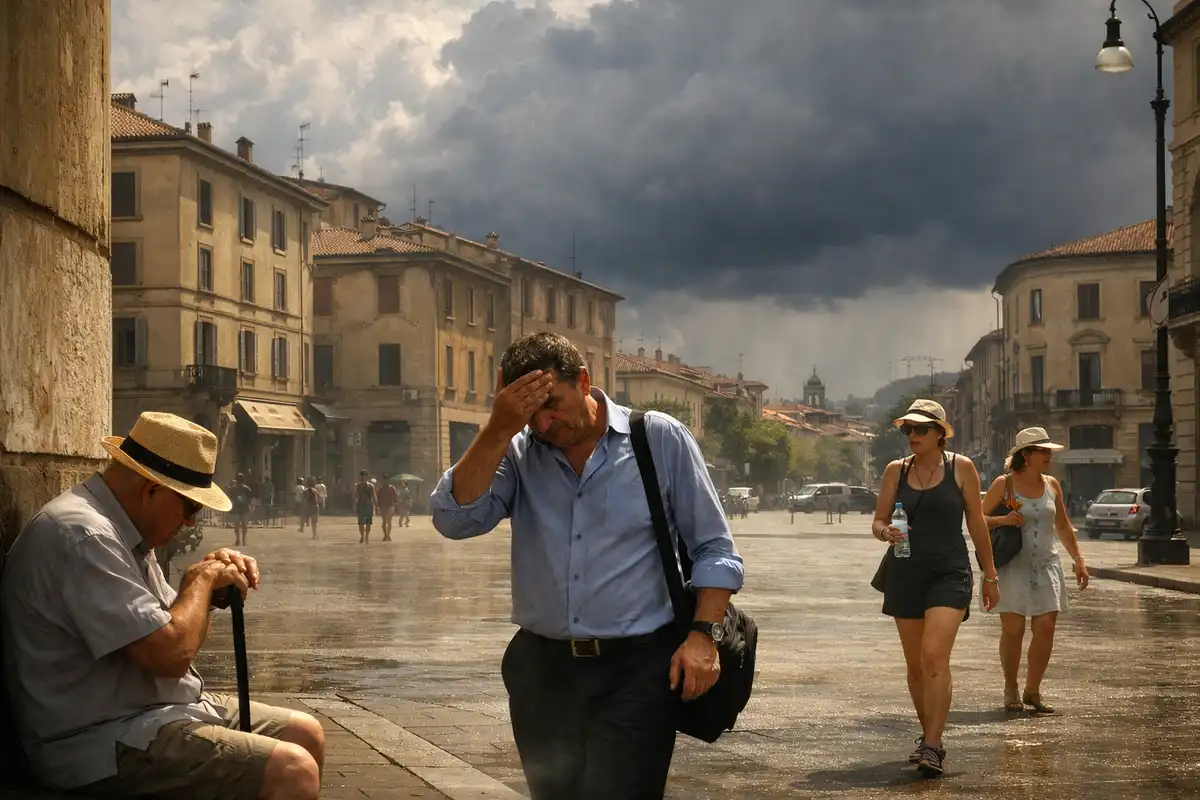 Pedoni accaldati in una piazza italiana sotto sole intenso, con nuvole temporalesche scure all’orizzonte