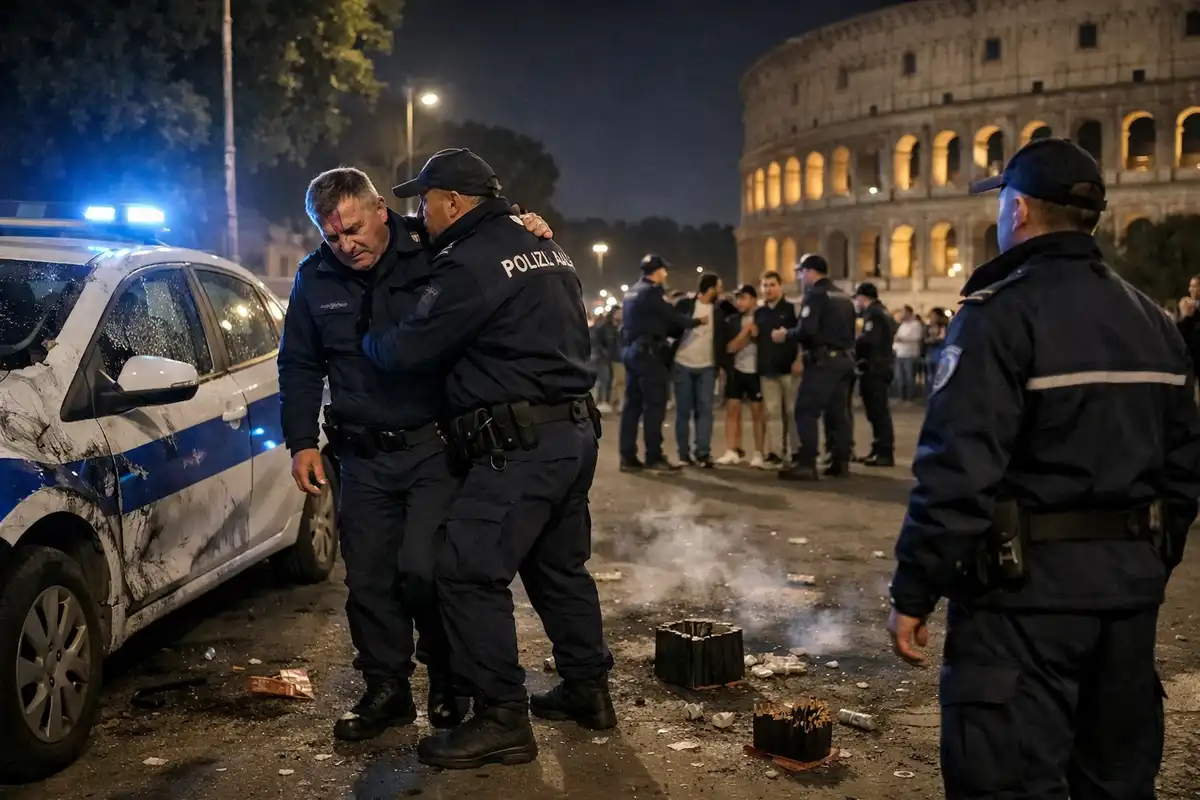 Agenti di polizia locale vicino a un’auto di servizio danneggiata e resti fumanti di fuochi, Colosseo sullo sfondo